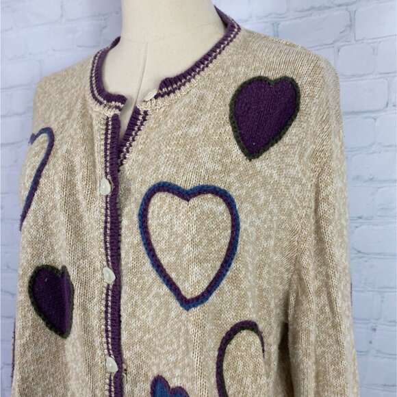 Vintage Christopher Banks XL Hand Embroidered Tan Heart Cardigan - Picture 3 of 8